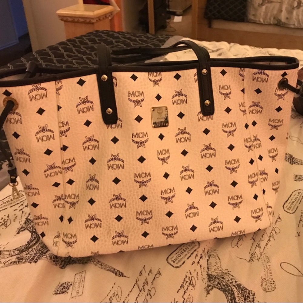 Mcm medium back & white tote